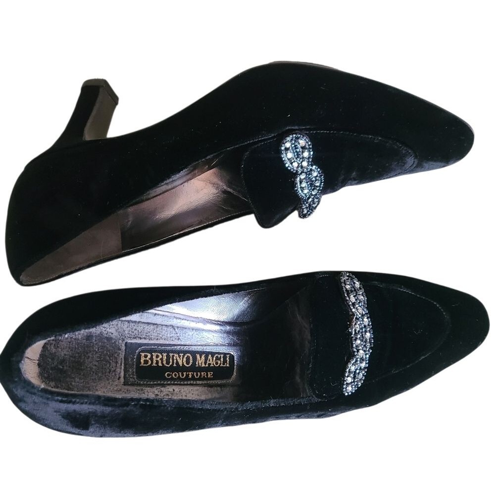 vintage bruno magli couture black velvet rhinestone pumps heels size 9AA - Picture 2 of 9